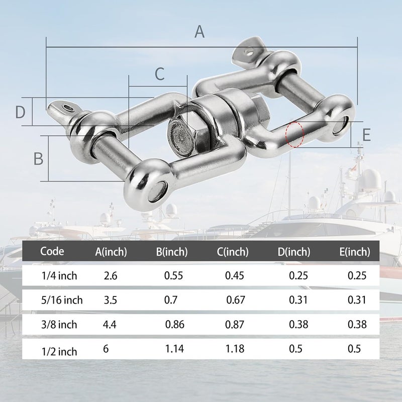 MEMUME Store Boat Anchor Swivel Shackle 1/4 inch 5/16 inch 3/8 inch 1/2 inch (4 Size) Jaw - Jaw Anchor China Swivel Connector 316 Stainless Steel Marine Grade Double Shackle - Image 5